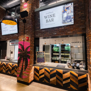a wine bar surrounded by brick at climate pledge arena