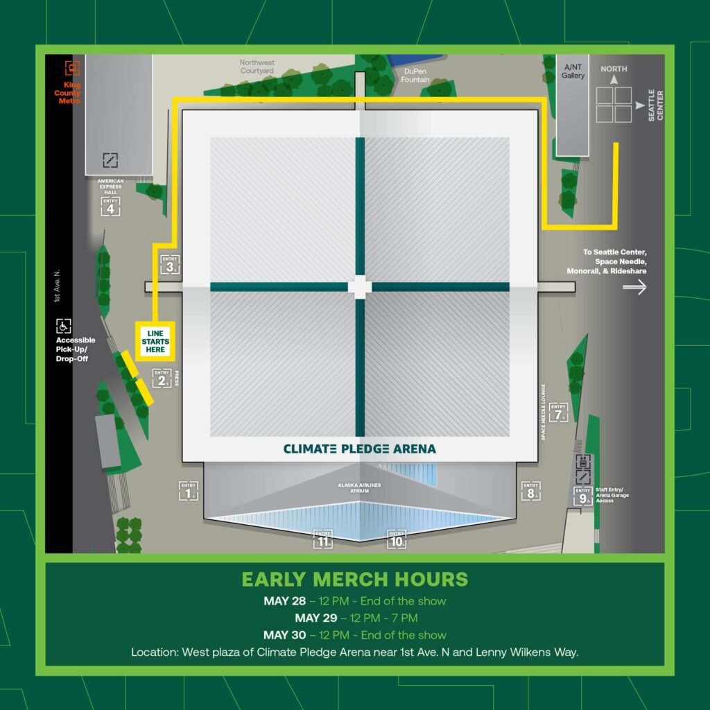 Map of Climate Pledge Arena showcasing Pearl Jam early merch hours.