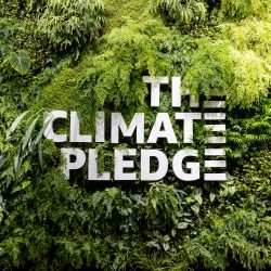 The Climate Pledge letters covered by plants